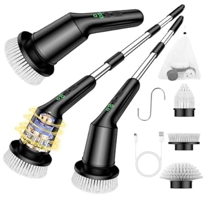 Electric Spin Scrubber for Cleaning Bathroom, Shower Scrubber with Long Handle, Cordless Cleaning Brush with IPX7 Waterproof & 2 Speed, 3 Brush Heads, Black