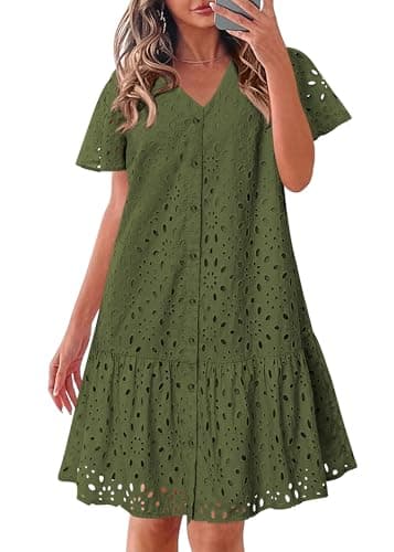 KIRUNDO Eyelet Dresses for Women 2026 Spring Summer Short Sleeve Button Down Loose Mini Babydoll Dress Beach Vacation Clothes — image 1