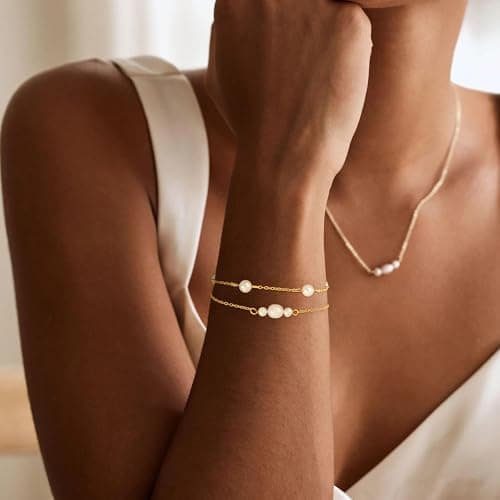 Fezodo Pearl Bracelets for Women, Dainty 18K Gold Plated Pearl Beaded Bracelet Stack Trendy Thin Link Chain Charm Bracelets Set Wedding Bridesmaid Mother Gifts Jewelry for Women view 3