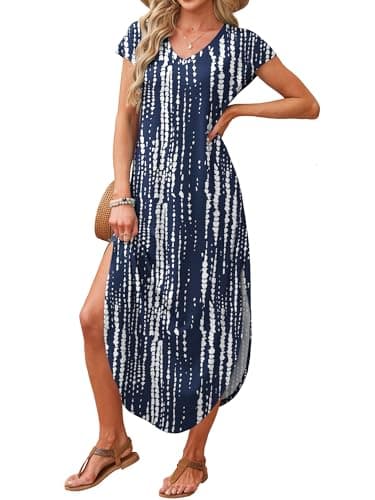 RUMIA Summer Casual Maxi Dresses for Women- Women's V Neck Cap Sleeve Long Sundress with Pockets Beach Vacation view 3