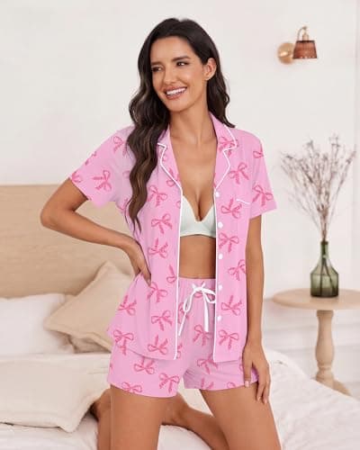 VRVOICE Womens Button Down Pajamas Set Short Sleeve Sleepwear Bride Pjs Soft 2 Piece Lounge Shorts Set XS-XXL view 3