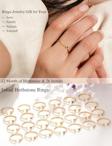 ZNBOH Gold Birthstone Initial Rings for Women Non Tarnish Dainty 14K Gold Plated Adjustable Letter Ring for Women Stackable Cute Thumb Pinky Fashion Unique Open Simple Birthday Gifts Jewelry view 5
