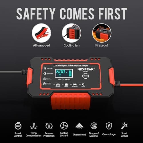 Car Battery Charger 12V Smart Automotive Battery Trickle Charger Maintainer | 7-Stage Safety Charging for Lead-acid batteries, Quick Charge, Large Screen, Multi-Protection, Pulse Repair Extend Cycle Life view 5