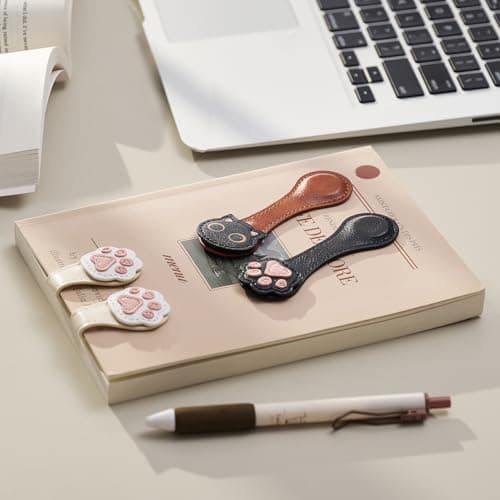2Pcs Magnetic Leather Bookmarks with Gift Box Magnetic Pen Holder Book Marks Clip Gift for Book Lover Readers Men Women Teachers Students, Cat+Paw (Brown+Black) view 2