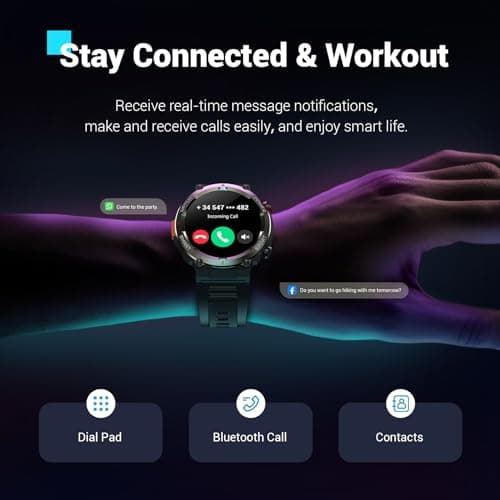 Military Smart Watch for Men(Answer/Make Calls),Outdoor Smartwatch with 100 Days Battery/Flashlight/Compass/Heart Rate/SpO2/Sleep Monitor/2 Straps, Rugged Fitness Watch for iPhone/Android Phones view 3