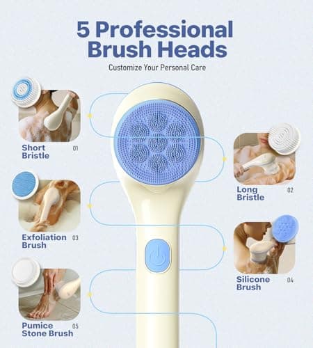 Electric Body Brush Back Scrubber for Shower, Waterproof Long Handle Body Scrubber Bath Brush with 5 Heads, Rechargeable Body Scrub Brush, 2 Speeds for Cleansing, Exfoliating and Massage (White) view 3