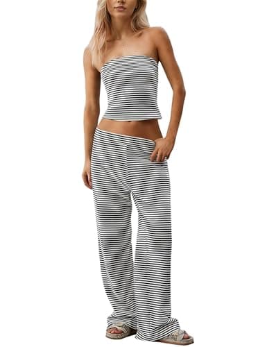 MSBESYOR Women Sailor Tube Top Set 2 Piece Outfits Striped Strapless Bandeau Low Waist Wide-Leg Pants Lounge Sets — image 1