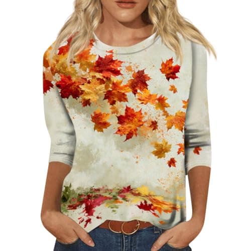 Maple Leaf Print 3/4 Sleeve Shirts for Women view 2