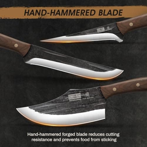 HOSHANHO Butcher Knife Set, Sharp Kitchen Knife Set & Roll Bag Gift for Men | Hand Forged 8PCS Butcher Chef Knife Set with Meat Cleaver Knife & Bone Chopper Knives & Fillet Knives for Home, Camping, BBQ view 4