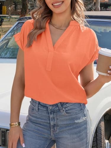 Tankaneo Womens Dressy Casual Tops Ruffle Short Sleeve V Neck Work Blouses Summer Business Casual Cotton Shirts Orange view 4