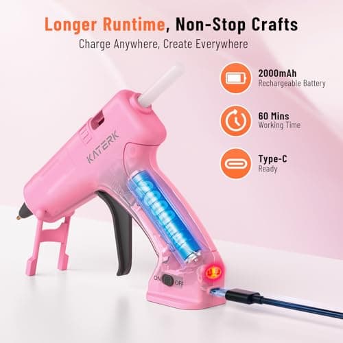 Katerk 3.7V Cordless Hot Glue Gun Kit, 90s Fast Heating, Mini Glue Gun with 15 Glue Sticks, USB-C Rechargeable with 2000mAh Built-in Battery, Ideal for DIY, Gift Making, School Crafts & Repairs (Pink) view 4