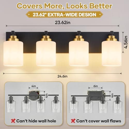Bathroom Vanity Light Fixture, 4-Light Black and Gold Bathroom Light Fixtures Over Mirror with Milky White Glass Shades, Modern Vanity Lights for Bathroom Living Room Hallway (Bulbs Not Included) view 3