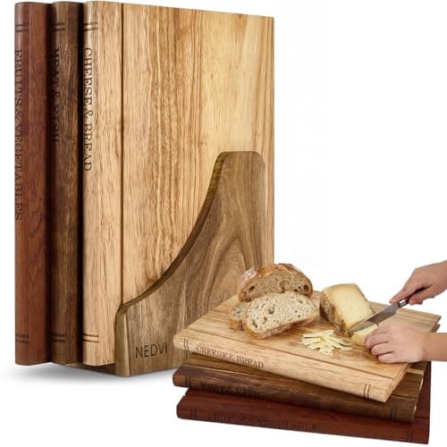 NEDVI Book Cutting Board Set with Wooden Stand-Wooden Kitchen Cutting Boards That Look Like Books for Cheese Meat Vegetables, Chopping Board Gift Set for Home Cooks & Kitchen Decor view 1