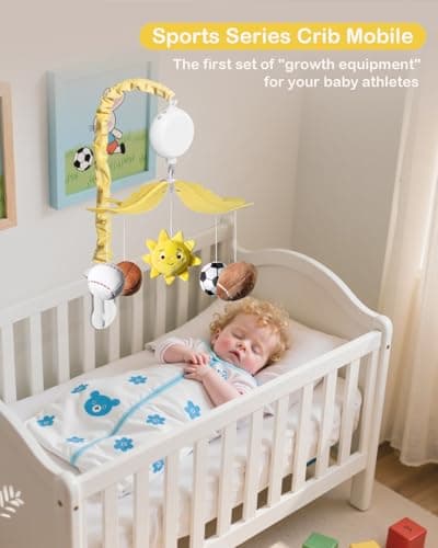 FEISIKE Baby Crib Mobile with 35 Lullabies, 3 Modes Rotation & Music, Soother Toy Adjustable Volume, Sport-Themed Nursery Decor Musical Mobile for Crib or Bassinet view 4