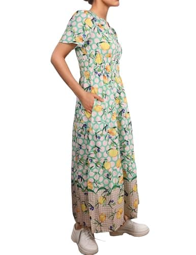 ACCPUR Women's Summer Boho Maxi Dresses Floral V Neck Tiered Short Sleeve Long Dress Flowy Beach Vacation Dress with Pockets view 4