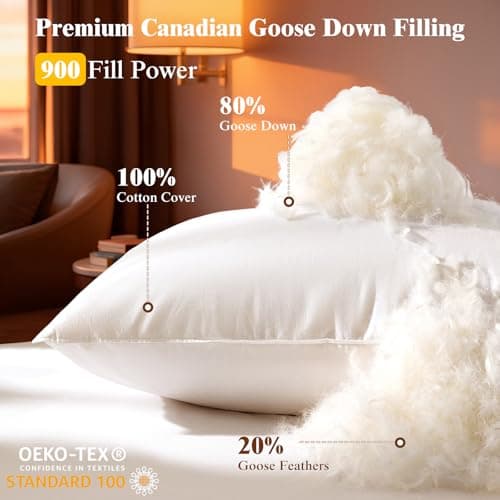 Canadian White Goose Down Queen Size Pillow,600TC Cotton Cover 1PC,20"x30" | Fluffy 900+ loft white goose down, premium 600-thread cotton shell, ergonomic fill eases neck ache for side & back sleepers view 2