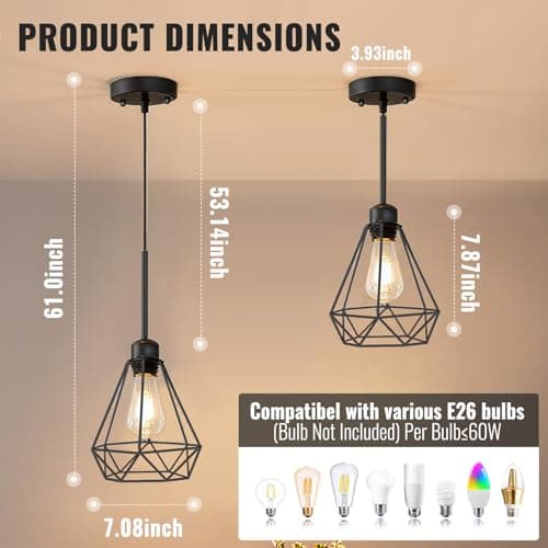Maliralt Pendant Light Hanging Lights Fixture - Black Industrial Hanging Lamps with Metal Diamond Shade for Kitchen Island, Dining Room Over Table, Breakfast Corner, Farmhouse Home Decor - 2 Pack view 3
