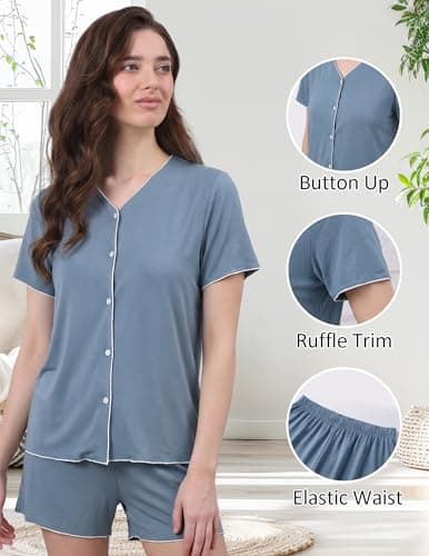 Luwnlorder Womens Pajama Sets Shorts Sleeve Button Down Collarless Lightweight Pjs Lounge Set view 6