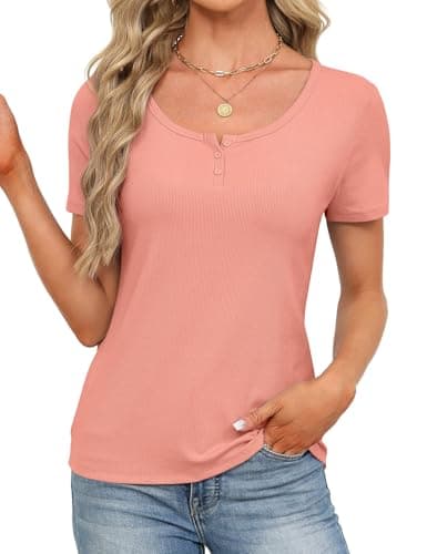 JUSTFASHIONNOW Womens Short Sleeve Tops Stretchy Henley Scoop Neck Fitted Casual Basic Ribbed T-Shirts 2026 Summer Trendy view 4