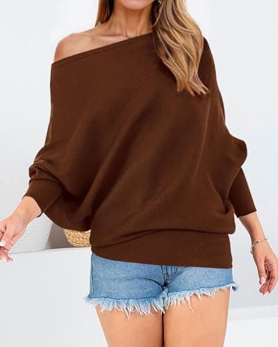 Zenlonr Off The Shoulder Sweaters for Women Fall Clothes 2026 Casual Long Batwing Sleeve Ribbed Knit Pullover Tops view 3