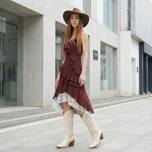 LeunDen Beige Cowboy Boots for Women, Knee High Cowgirl Boots with Pointed Toe, Chunky Heel, Floral Embroidery Western Boots Suede Tall Boots Size 7 view 6