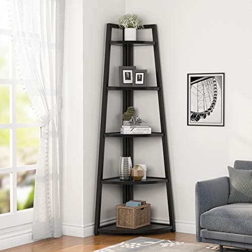 Tribesigns 70 inch Tall Corner Shelf, 5 Tier Modern Corner Bookshelf Bookcase Industrial Corner Ladder Shelf Plant Stand for Living Room, Kitchen, Home Office (Black) view 3