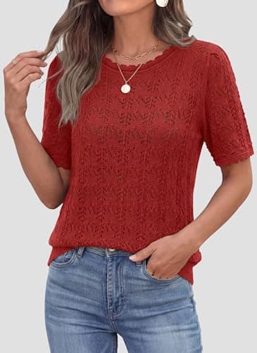 PRETTYGARDEN Women's Short Sleeve Sweater Crochet Summer Tops 2026 Trendy Casual Hollow Out Shirts Beach Vacation Clothes view 5