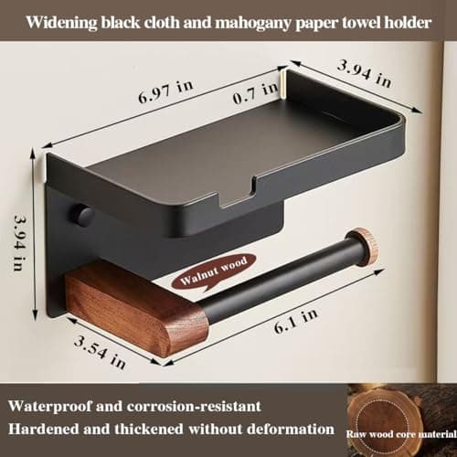Bathroom Black Toilet Paper with Tissue Box Holder - Wall Mount Wooden Extension Rod with Widening Groove Bracket Aluminum Alloy Groove Rack for Paper Towel Holder and Wipes view 3