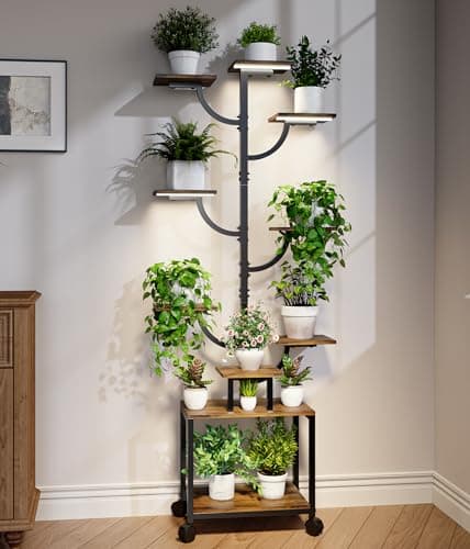 Plant Stand Indoor with Grow Lights - 9-Tier Plant Stand with Wheels, Tall Metal and Wood Indoor Plant Shelf with Tree Design, Rolling Flower Pot Holder Rack with Waterproof Finish, Adjustable Display Stand for Home Garden, Patio, 62" Tall — image 1