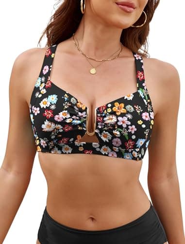 ZAFUL Women U-Wired Bikini Top Only- Ruched Cut Out Back-Cross Adjustable Straps Bathing Suit Top Only for Large Bust view 2