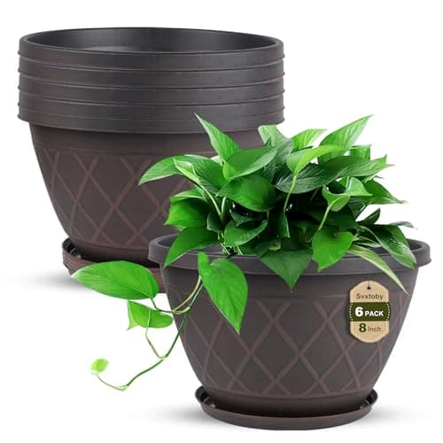 6 Pack 8 Inch Plant Pots, Planters with Drainage Holes & Saucers, Modern Imitation Diamond Pattern Design Plastic Flower Pots for Indoor & Outdoor Plants, Succulents, Flowers, and Herbs (Red Brown)