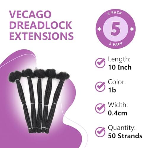 Vecago 10 inch 50 Strands Loc Extensions Human Hair, 0.4cm Width 100% Human Hair Dreadlock Extensions for Men/Women, Can be Dyed Soft Dreads Extensions,1b view 2
