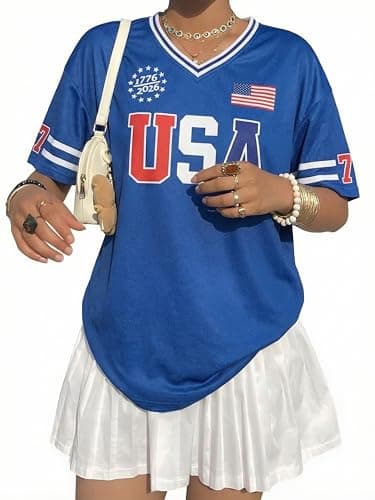 MYHALF 250th Anniversary USA Jerseys for Women - 4th of July Shirts American Flag Graphic Tee Patriotic Baseball Outfits — image 1