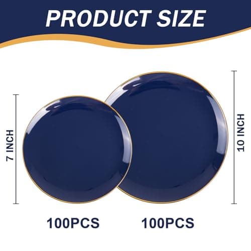 PULOTE 200 Pieces Blue Plastic Plates - Navy Blue and Gold Disposable - Include 100PCS 10 inch Dinner & 100PCS 7 inch Dessert Plate for Party & Graduation view 3