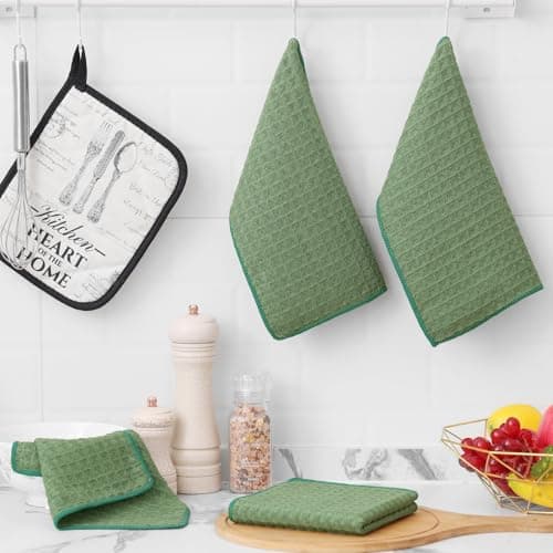 Homaxy Microfiber Waffle Weave Kitchen Towels Set, 16 x 28 Inch and 12 x 12 Inch Ultra Absorbent and Solid Color Dish Towels, 8 Pack, Grass Green view 2
