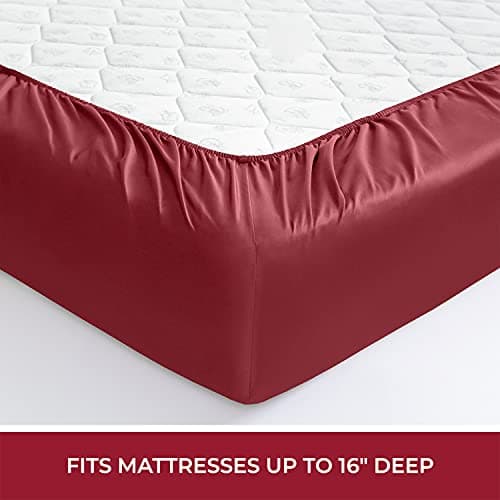 Mellanni 400 Thread Count Cotton Sateen Bedding Set - 4 Piece Bed Sheets Set - Fits Mattresses up to 16" Deep - Cooling Sheet for Hot Sleepers (King, Burgundy) view 4