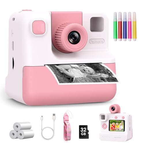 Kids Camera Instant Print, Christmas Birthday Gifts for Girl Boys 3-12 Years Old, FHD Selfie Digital Video Cameras Toddler 3 Rolls Print Paper & 32G Card (Retro, Pink-White)