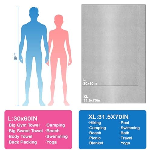 KISS QUEEN Quick Dry Microfiber Towel for Camping,Beach Travel Body Gym Hiking Swimming Pool Hot Yoga Mat Towels (Grey, 30X60 Inch) view 2