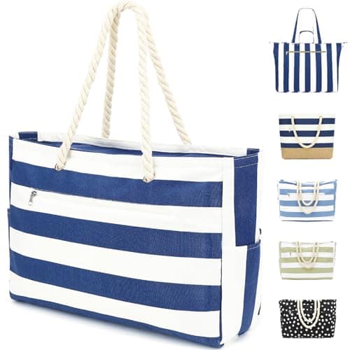 Fammart Large Canvas Beach Bag for Women, Beach Bags Waterproof Sandproof with Zipper & Wet Bag Cruise Essentials, Canvas,Large - Dark Blue