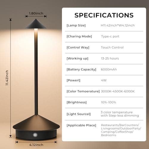 2 Pack Cordless Table Lamp, 6000mAh Rechargeable Battery Operated Desk Lamp, Portable Table Light,3 Color Stepless Dimming Up,for Restaurant, Bedroom, Patio，Outdoor Camping, Coffee Shop, Night Light view 2