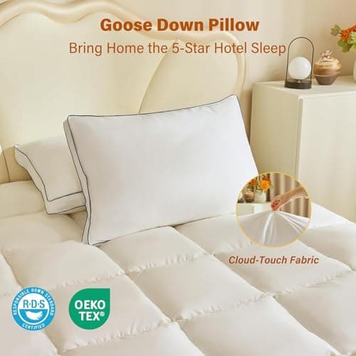 Goose Down Fiber Pillows, Gusseted Pillows Queen Size Set of 2 | Gusseted Goose Down Pillows for Neck Pain, Softness and Support, Relief for Side and Back Sleepers, Luxury Hotel Down Pillows view 6