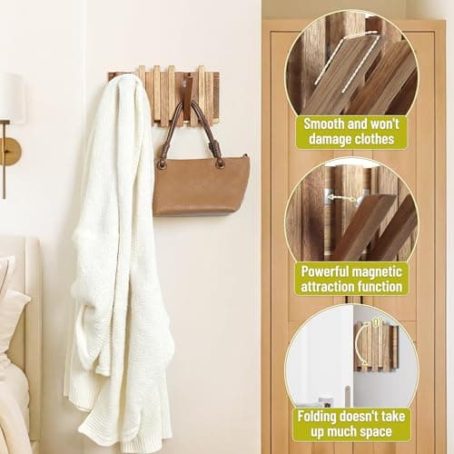 LOTOFUN Wall Coat Rack for Entryway: Farmhouse Wooden Folding 6 Hooks Mount 10.4inch Rustic Decorative Minimalist Piano Hanger for Apartment Office Small Space for Towel Backpack Jacket view 5
