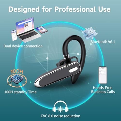 Wireless Single Ear Bluetooth V6.1 Headset, Business Earpiece with Mic | Noise Cancelling Business Headset, 100H Playtime, LED Display, Dual Device Pairing, Mute Button for Office, Driving, Trucker view 6