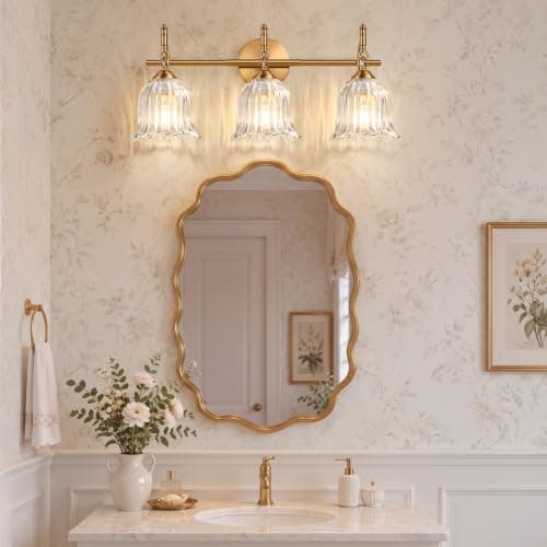 3-Light Bathroom Vanity Light for Bathroom, Brushed Gold Bathroom Light Fixtures with Ribbed Clear Bellflower Glass Shade, Vanity Lighting Fixtures Over Mirror for Bedroom Living Room Hallway Cabinet view 6