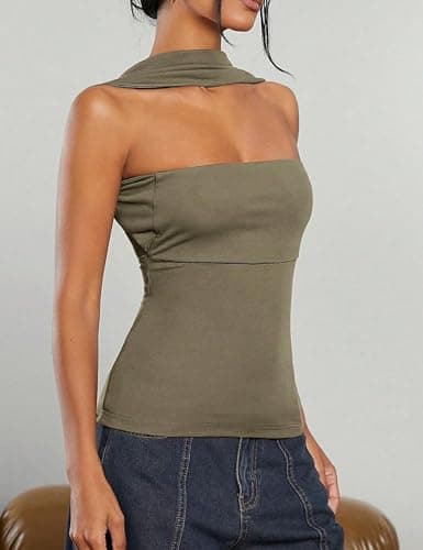 ACCPUR Ruched Strapless Halter Tube Top for Women Sexy Open Back Slim Fit Bandeau Shirt Sleeveless Off Shoulder Tank Clubwear view 5