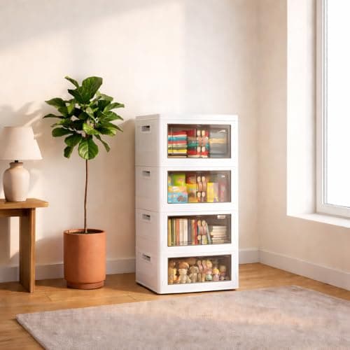 MOONEDGE 140QT Stackable Plastic Storage Bins with Lid & Handles, Foldable Collapsible Closet Organizer with Magnetic Doors and Side Locking, 4 Tier for Living Room, Office, Garages