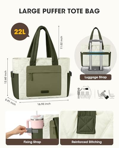RAINSMORE Work Tote Bag for Women, Puffer Laptop Tote Bag for Teacher Large Lightweight Quilted Travel Bag with Cup Holder view 2