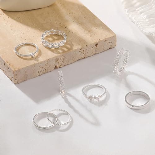 ZNBOH Gold Silver Plated Stacking Rings Set for Women 14K Dainty Stackable Thumb Knuckle Cute Ring for Women Pinky Finger Fashion Band Thin Simple Plain Chain CZ Rings Size 6-11 view 5