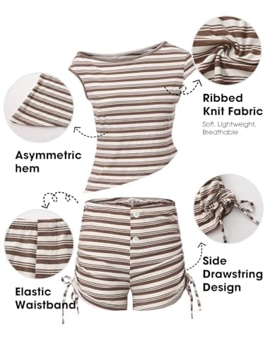 EXLURA Women 2 Piece Summer Outfits Casual Striped Lounge Set Ribbed Knit Off Shoulder Short Sleeve Top and Drawstring Shorts view 3
