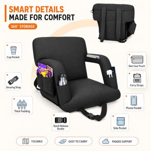 Aeenoo 22.5” Stadium Seats with Back Support Wide for Bleacher, 1 Pack | Bleacher Seats with Back Support and Cushion, 6-Position Reclining Bleacher Chairs for Football & Baseball view 2